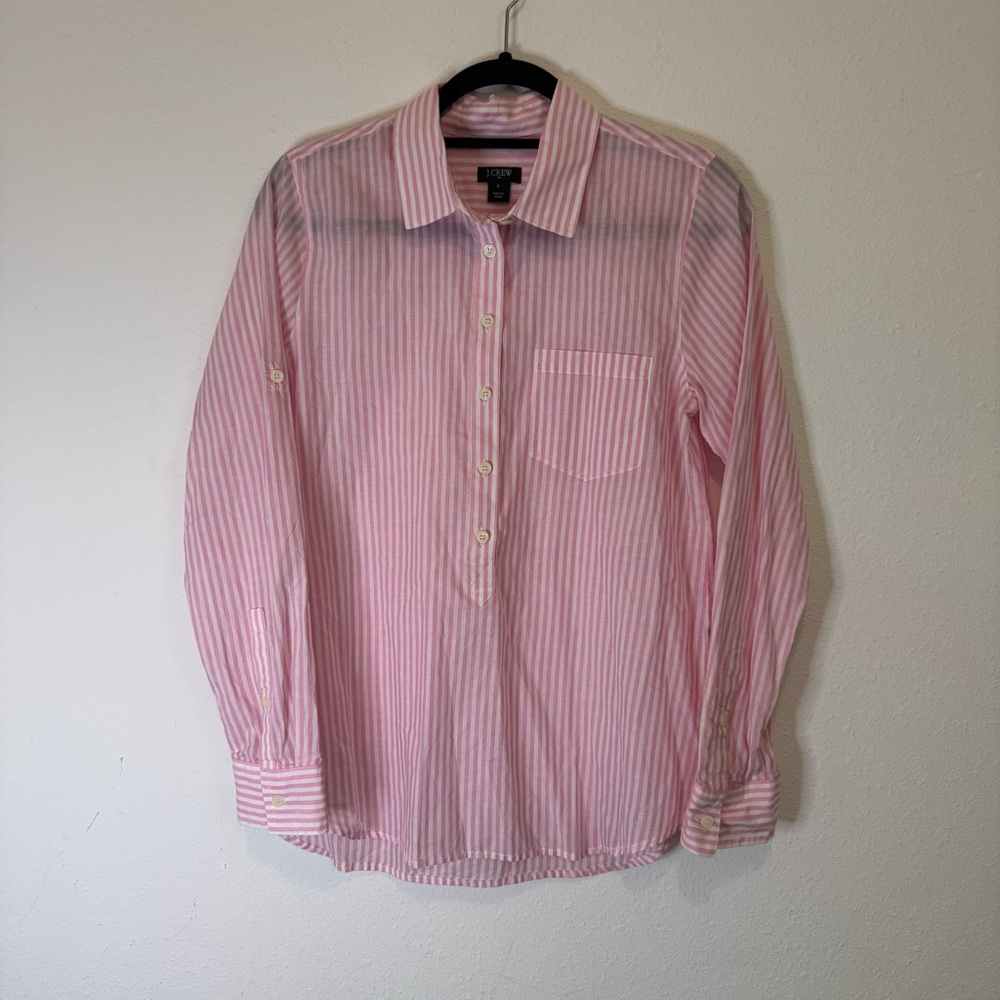 J.Crew Striped Long Sleeve Collard half button down Pink white Shirt Size Small